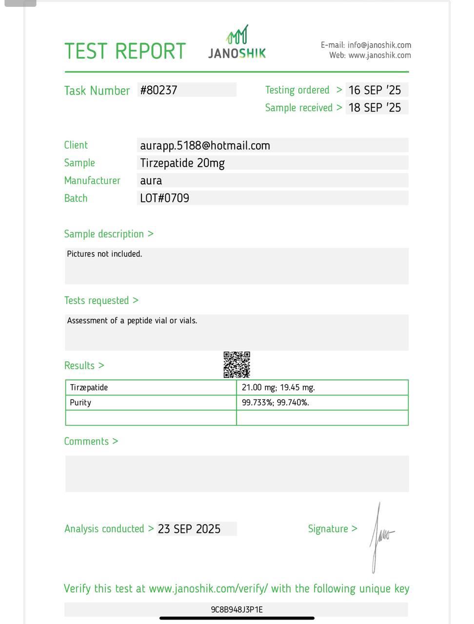 Janoshik Analytical Certificate of Analysis — Tirzepatide 20 mg, batch LOT#0709, task #80237
