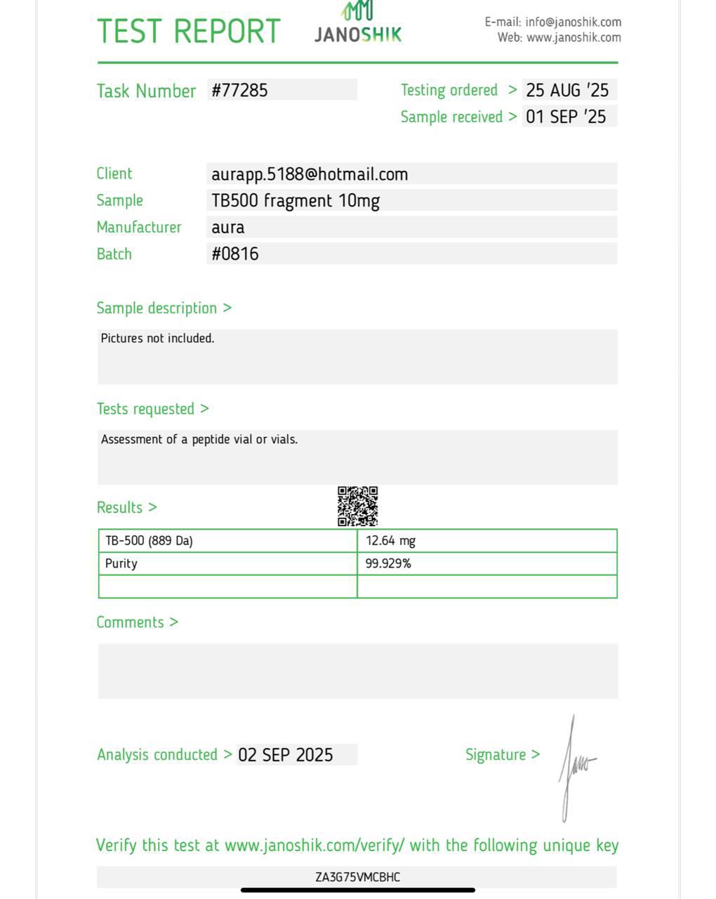 Janoshik Analytical Certificate of Analysis — TB-500 Fragment 10 mg, batch #0816, task #77285