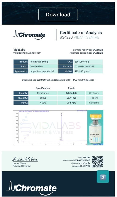 Janoshik Analytical Certificate of Analysis — Retatrutide 50 mg, batch 040126R50Y, task #34290