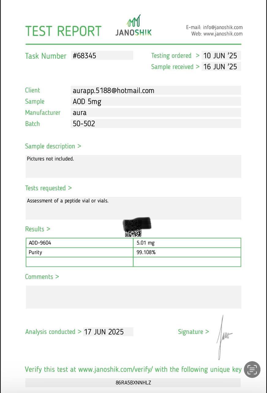 Janoshik Analytical Certificate of Analysis — AOD-9604 5 mg, batch 50-502, task #68345