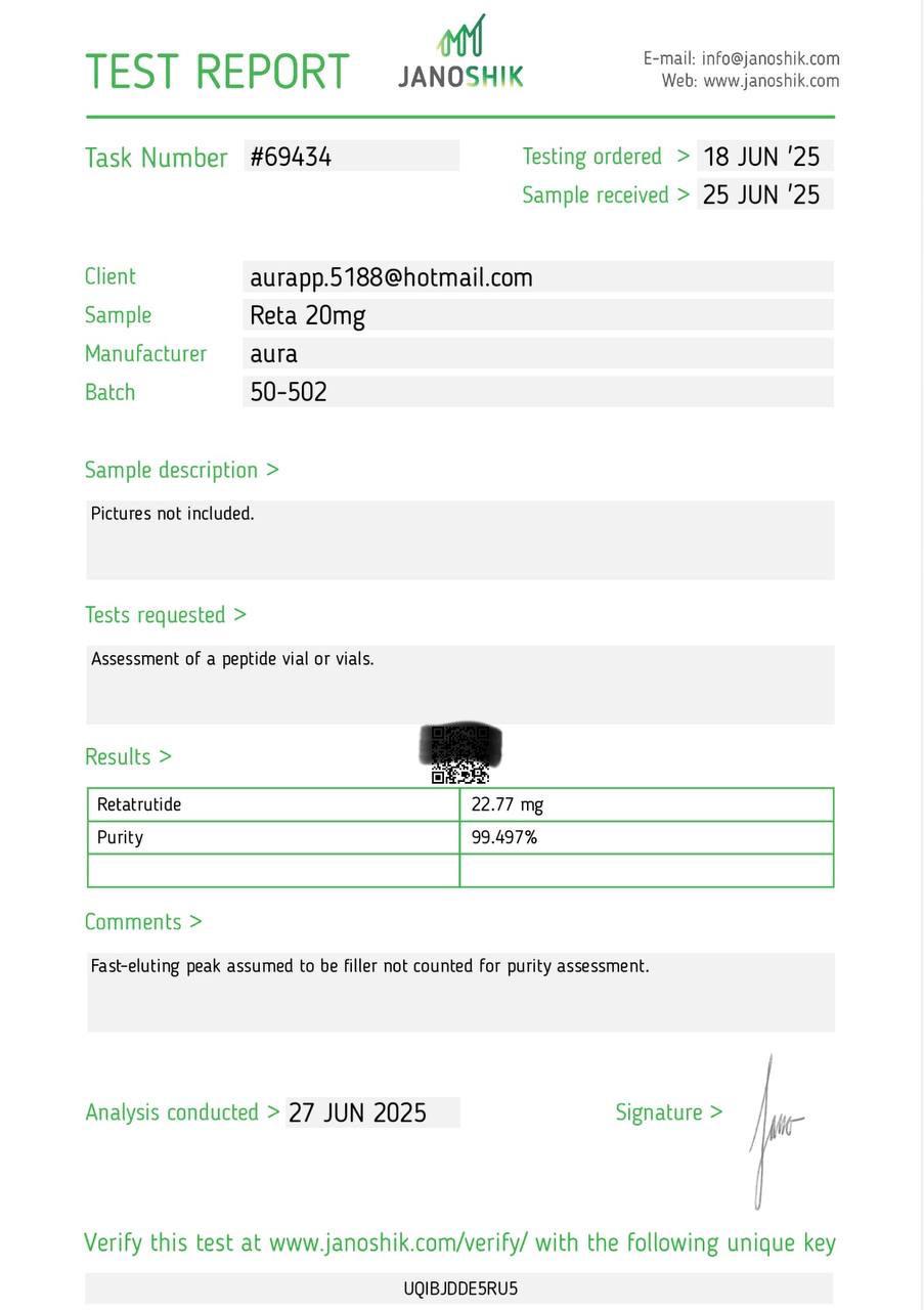 Janoshik Analytical Certificate of Analysis — Retatrutide 20 mg, batch 50-502, task #69434