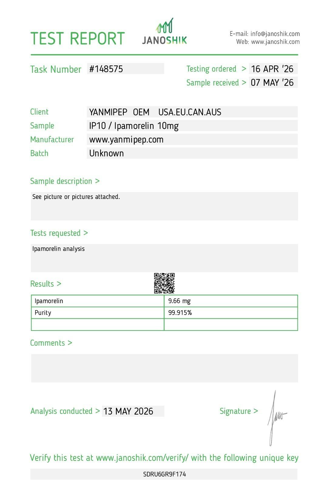 Janoshik Analytical Certificate of Analysis — Ipamorelin 10 mg, batch Unknown, task #148575