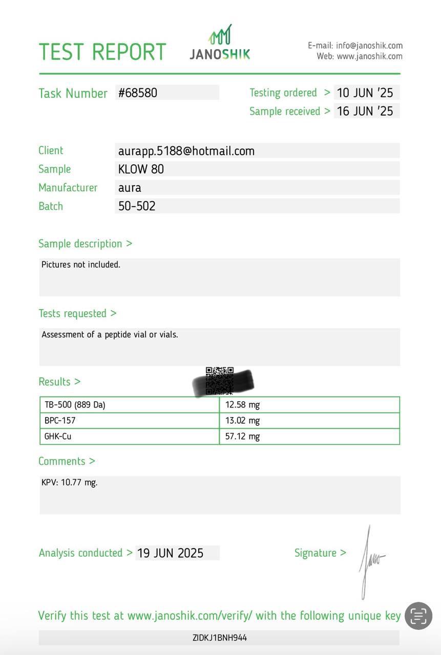 Janoshik Analytical Certificate of Analysis — KLOW 80 Blend (TB-500 / BPC-157 / GHK-Cu / KPV), batch 50-502, task #68580