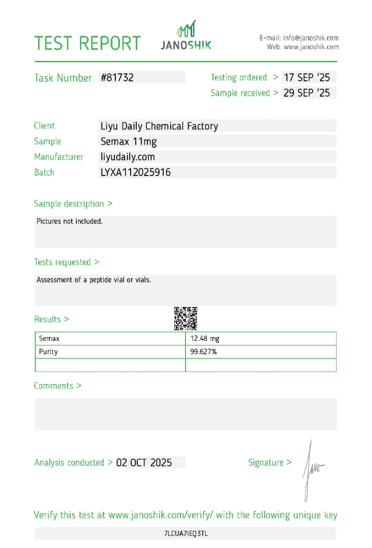 Janoshik Analytical Certificate of Analysis — Semax 11 mg, batch LYXA112025916, task #81732