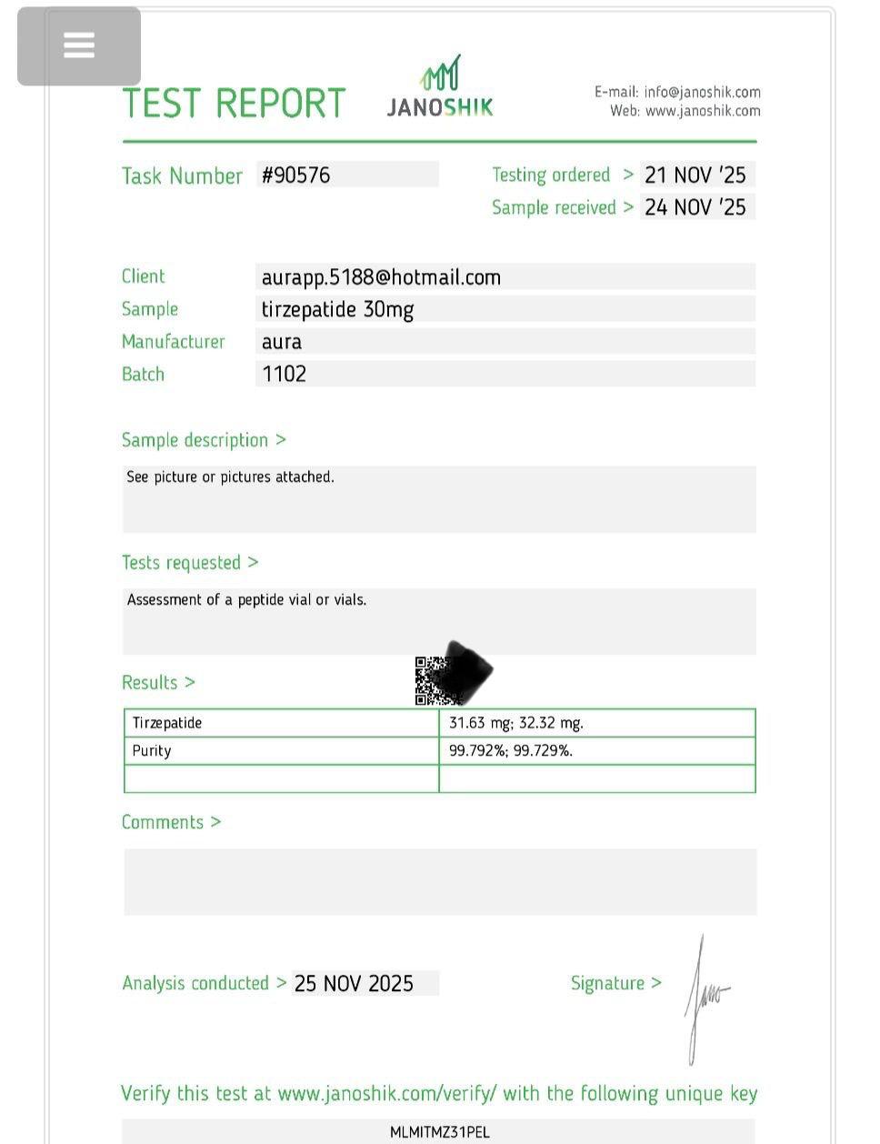 Janoshik Analytical Certificate of Analysis — Tirzepatide 30 mg, batch 1102, task #90576