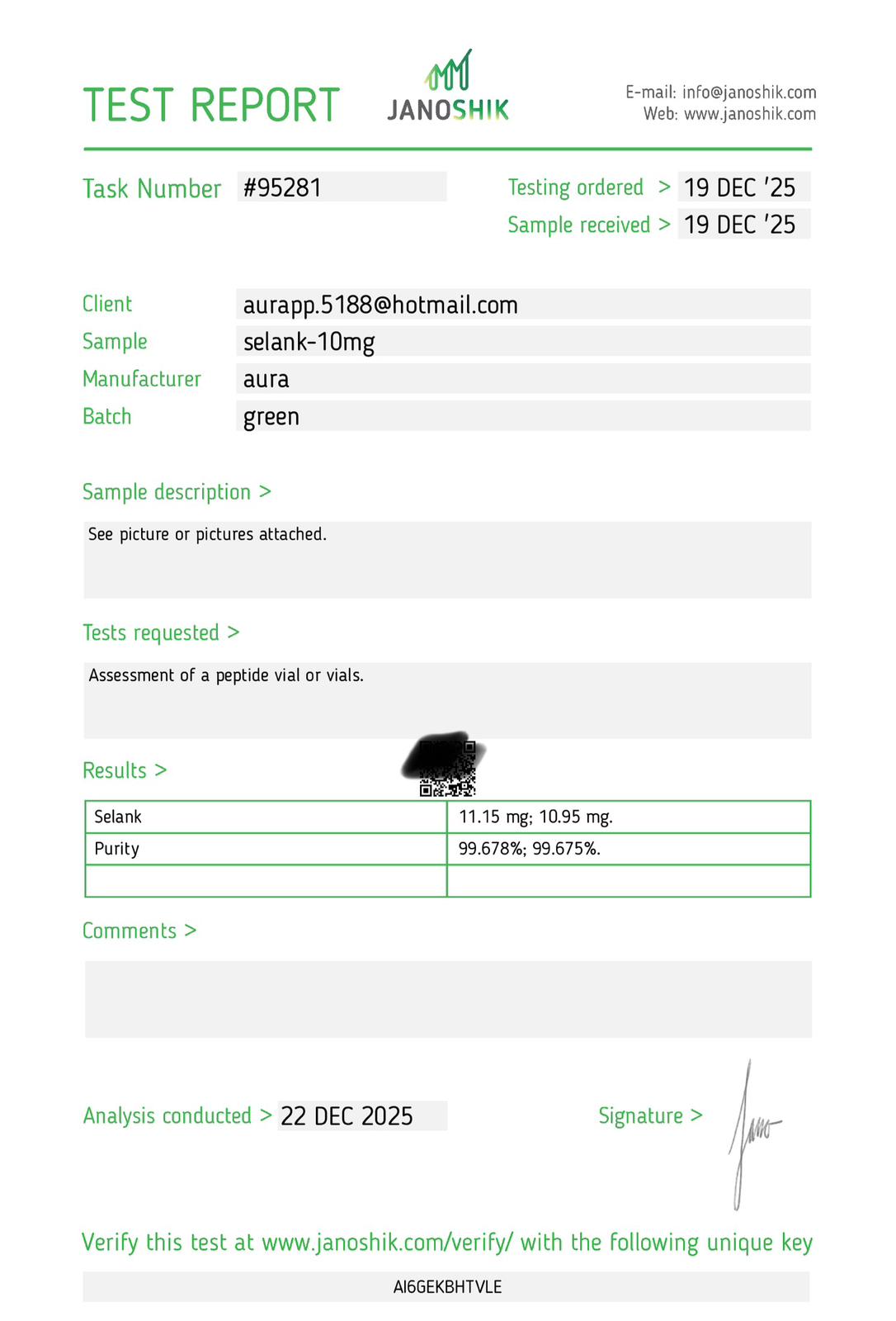 Janoshik Analytical Certificate of Analysis — Selank 10 mg, batch green, task #95281