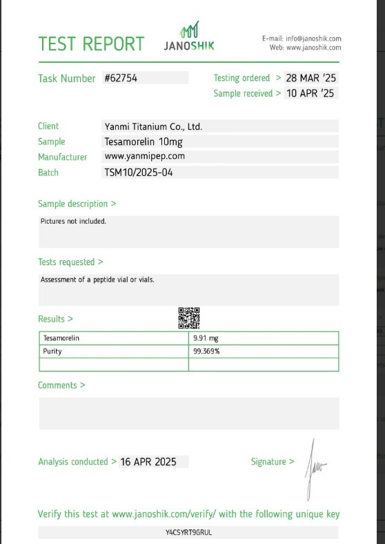 Janoshik Analytical Certificate of Analysis — Tesamorelin 10 mg, batch TSM10/2025-04, task #62754