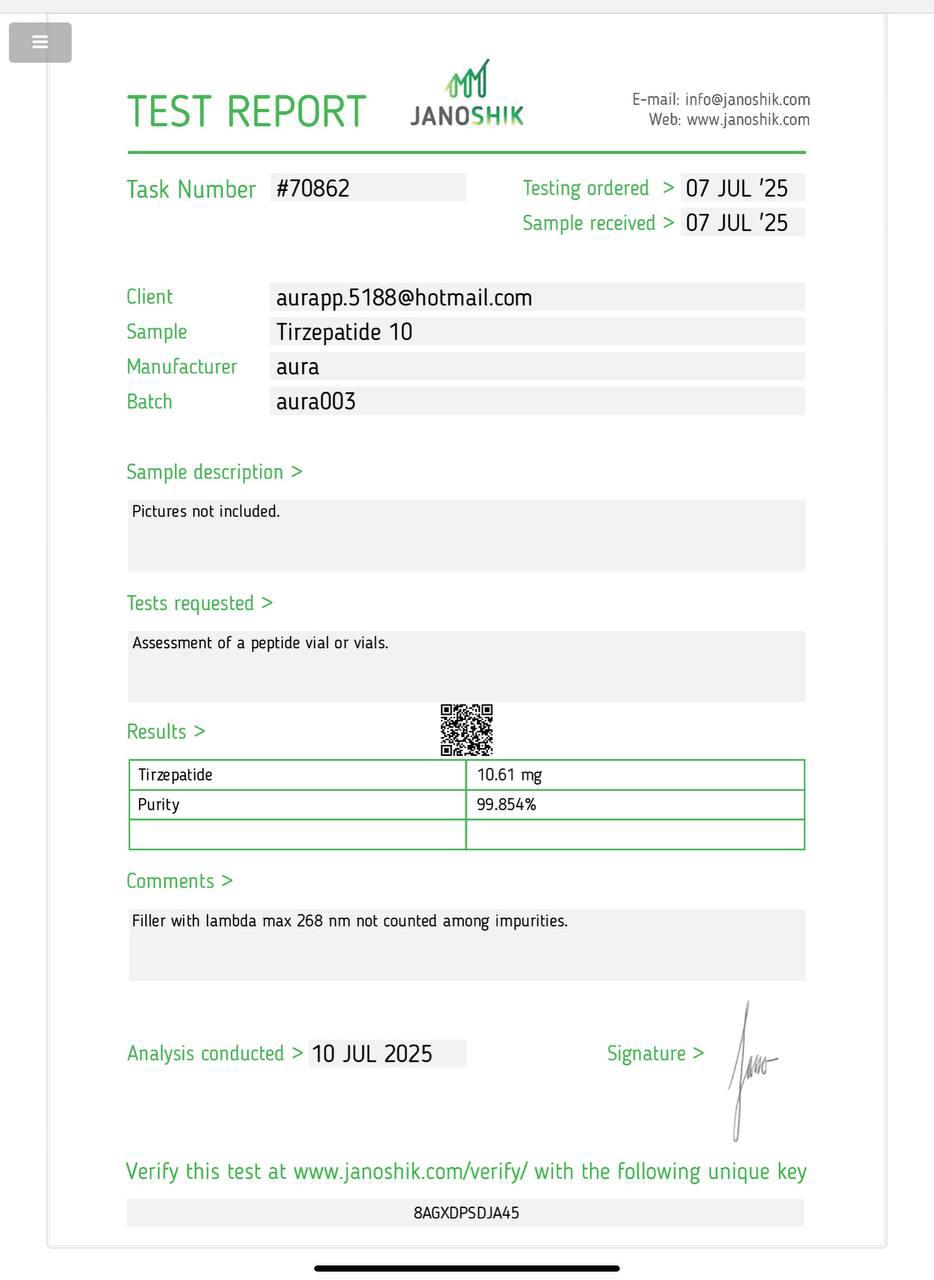 Janoshik Analytical Certificate of Analysis — Tirzepatide 10 mg, batch aura003, task #70862
