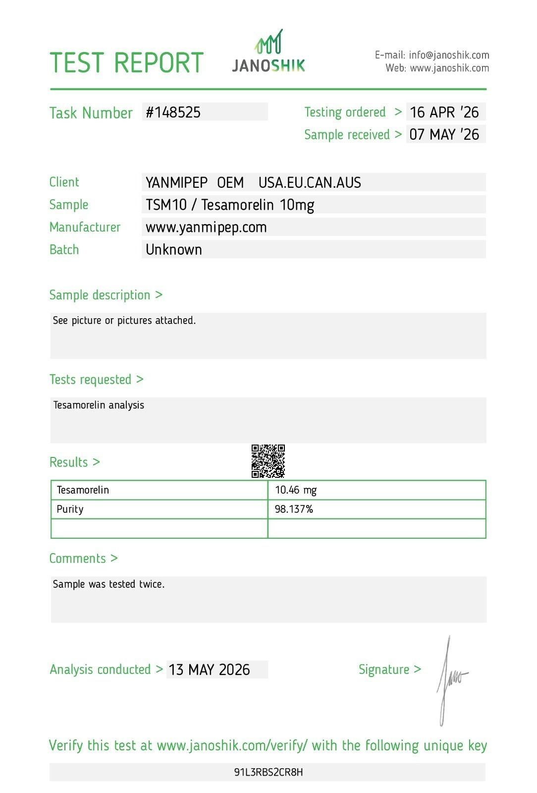 Janoshik Analytical Certificate of Analysis — Tesamorelin 10 mg, batch Unknown, task #148525