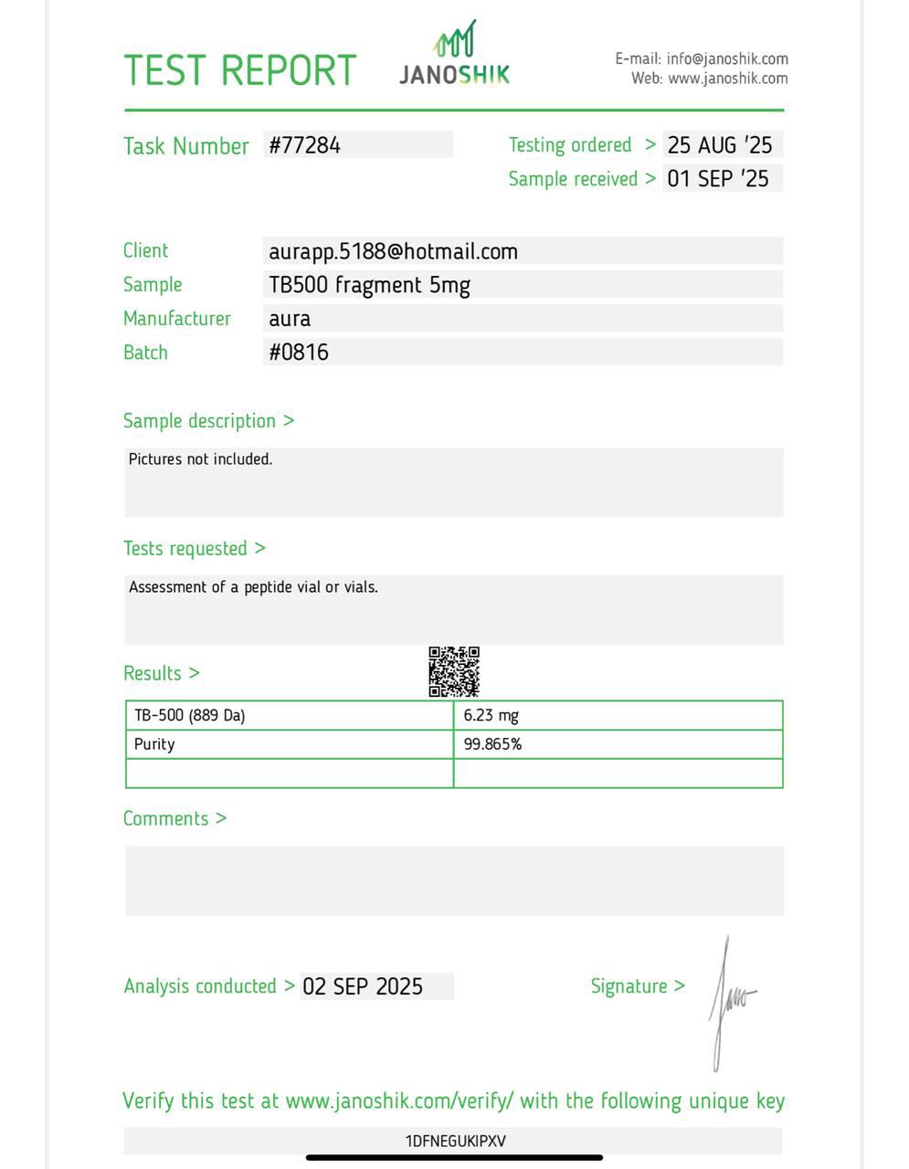 Janoshik Analytical Certificate of Analysis — TB-500 Fragment 5 mg, batch #0816, task #77284