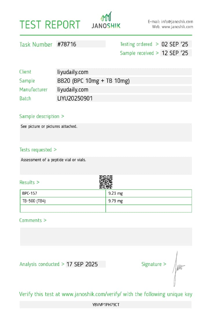 Janoshik Analytical Certificate of Analysis — BB20 (BPC-157 10 mg + TB-500 10 mg) Blend, batch LIYU20250901, task #78716