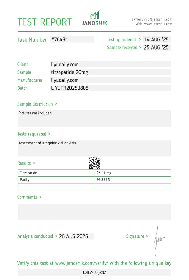 Janoshik Analytical Certificate of Analysis — Tirzepatide 20 mg, batch LIYUTR20250808, task #76431