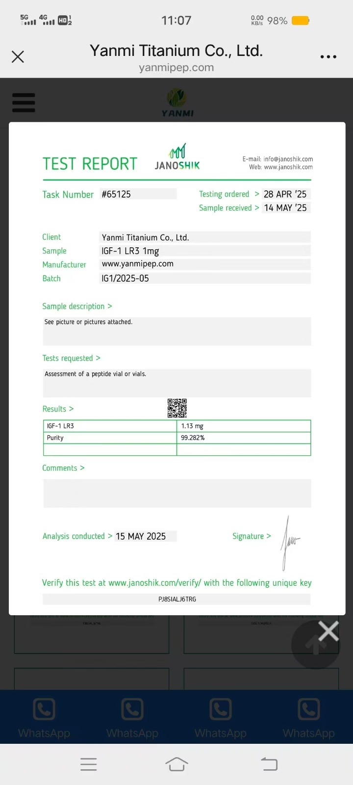Janoshik Analytical Certificate of Analysis — IGF-1 LR3 1 mg, batch IG1/2025-05, task #65125