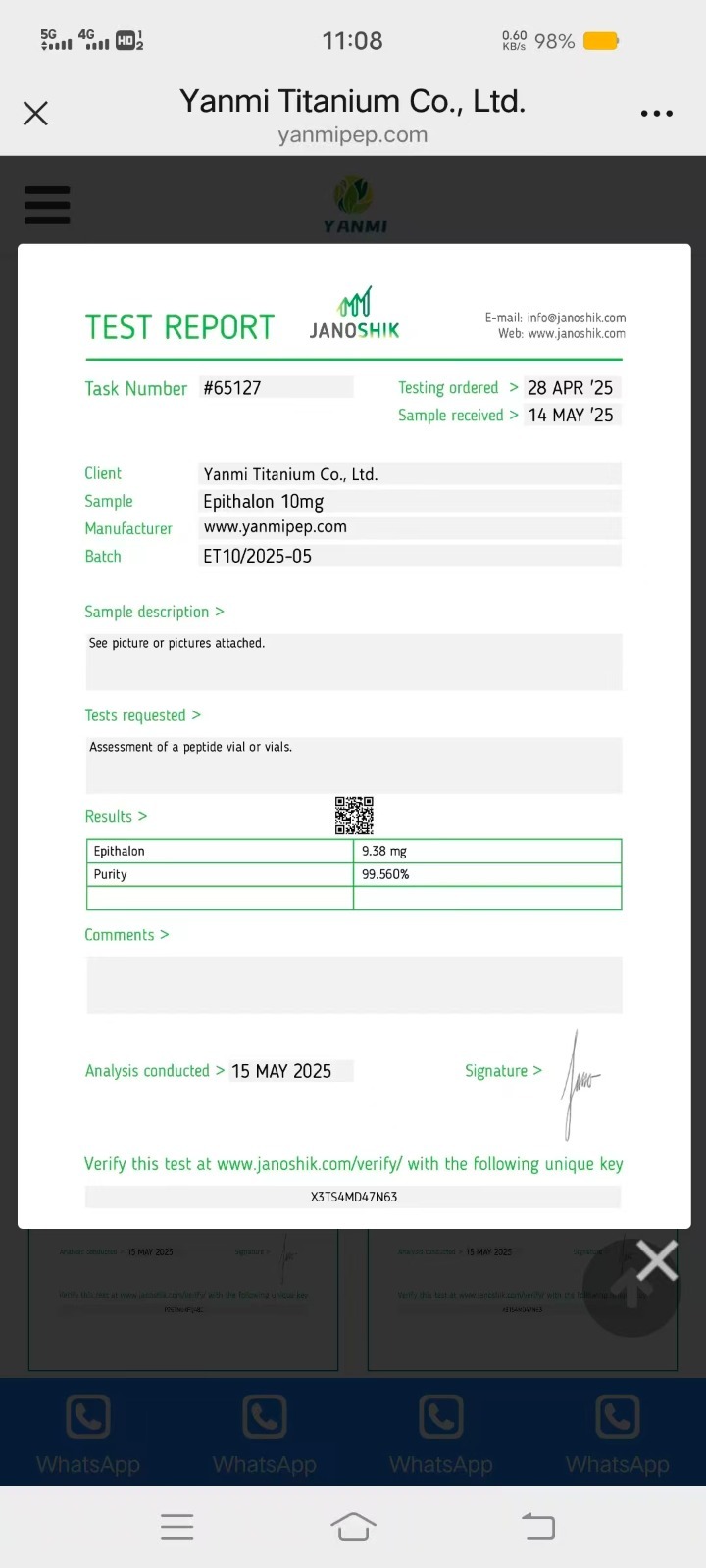 Janoshik Analytical Certificate of Analysis — Epithalon 10 mg, batch ET10/2025-05, task #65127