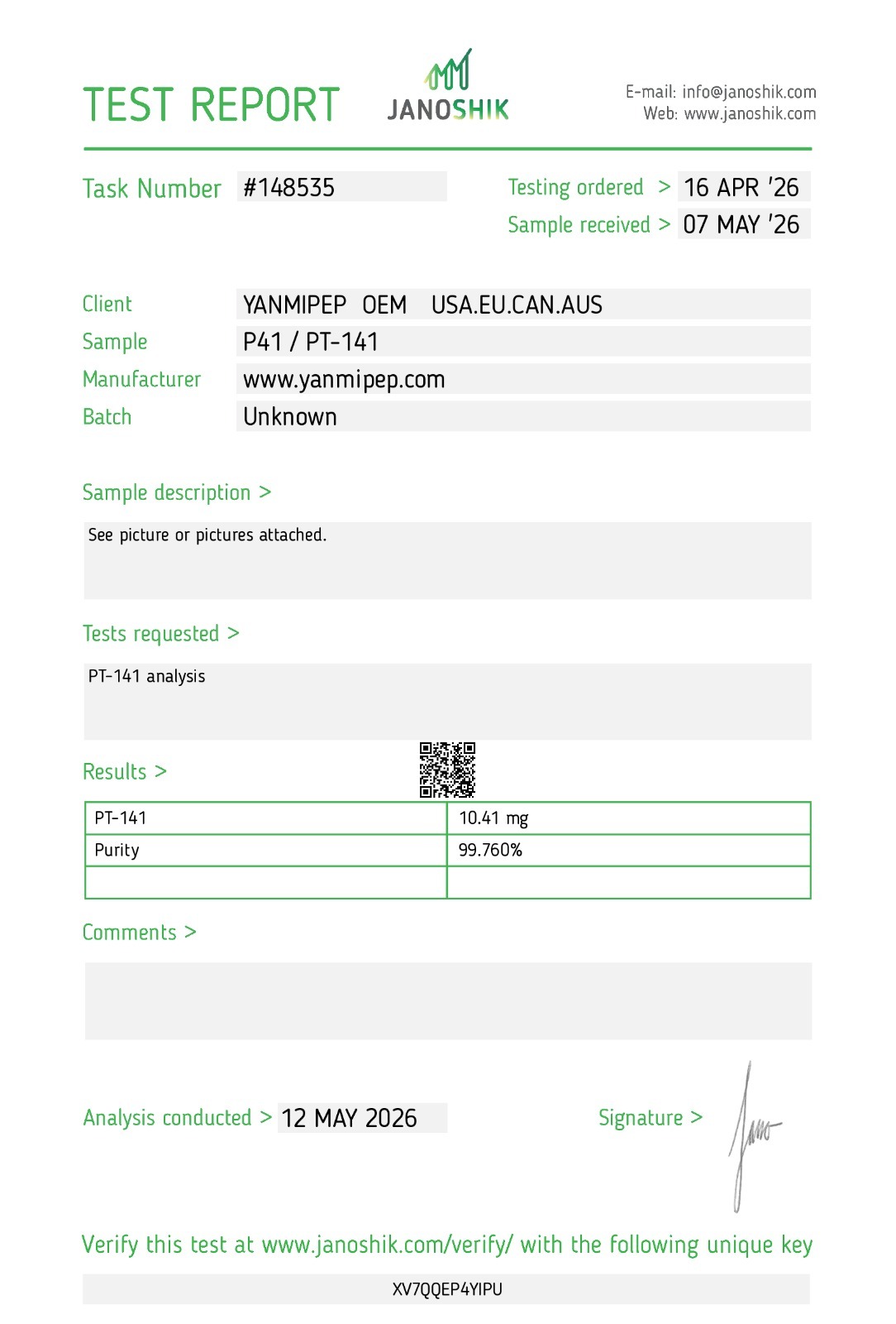 Janoshik Analytical Certificate of Analysis — PT-141 10 mg, batch Unknown, task #148535