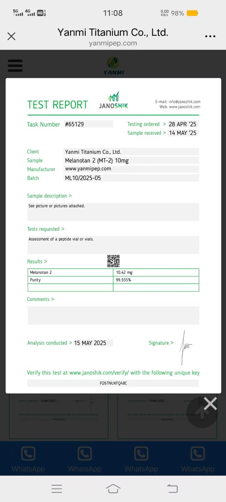 Janoshik Analytical Certificate of Analysis — Melanotan 2 (MT-2) 10 mg, batch ML10/2025-05, task #65129