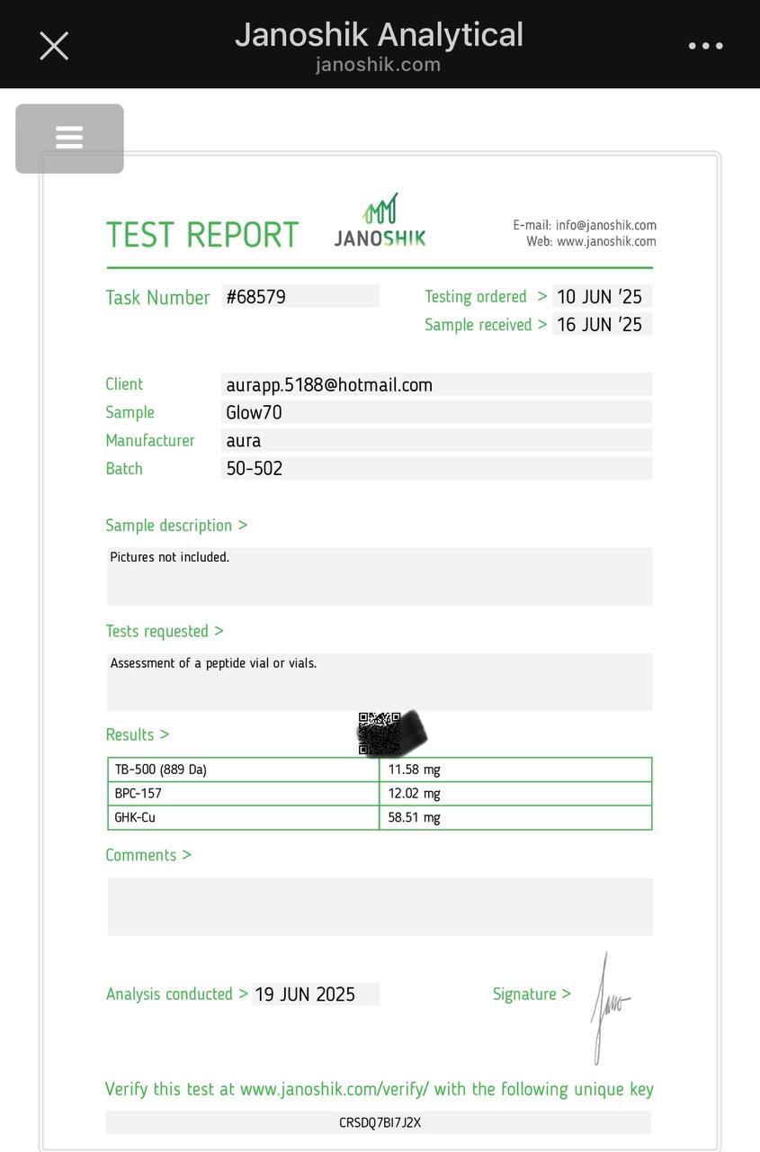 Janoshik Analytical Certificate of Analysis — Glow70 (TB-500 / BPC-157 / GHK-Cu) Blend, batch 50-502, task #68579