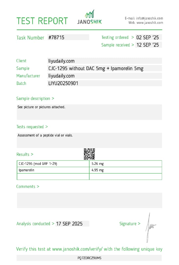 Janoshik Analytical Certificate of Analysis — CJC-1295 no DAC 5 mg + Ipamorelin 5 mg Blend, batch LIYU20250901, task #78715