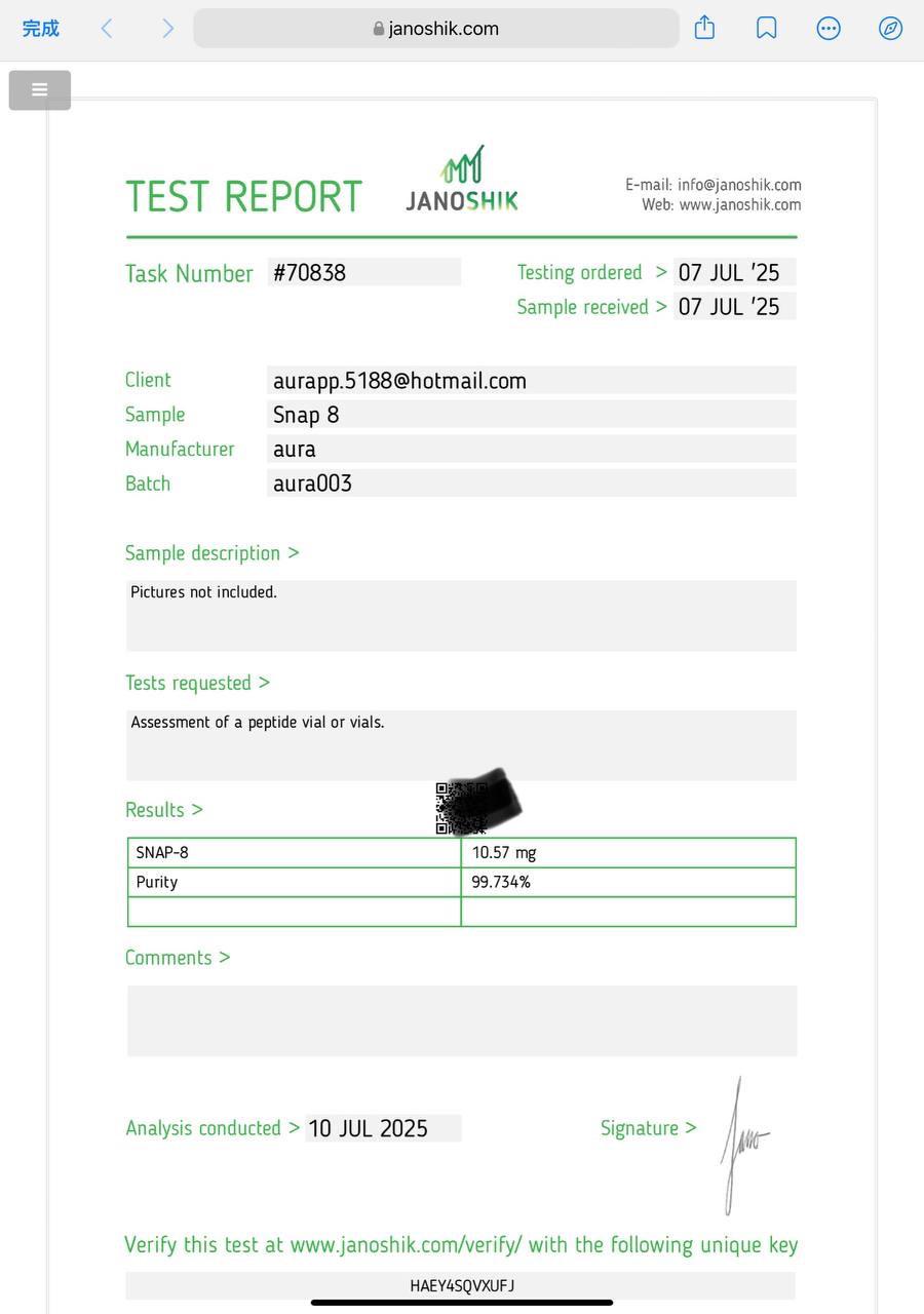Janoshik Analytical Certificate of Analysis — SNAP-8 10 mg, batch aura003, task #70838