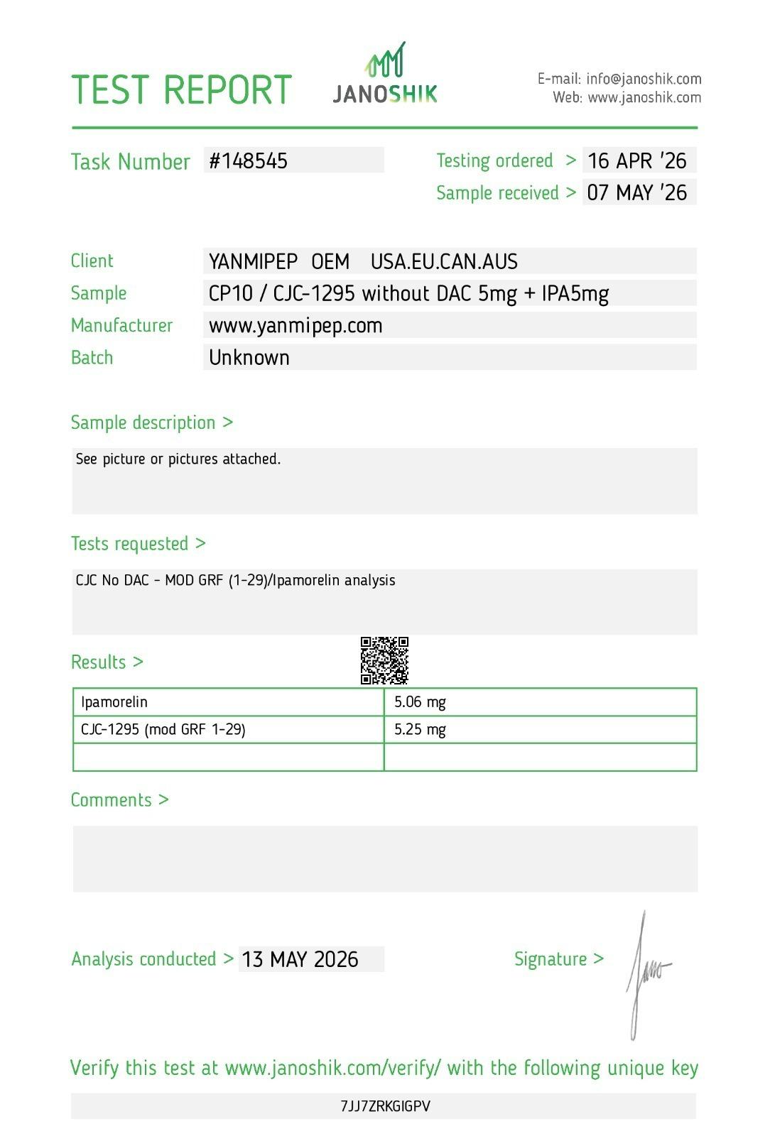 Janoshik Analytical Certificate of Analysis — CJC-1295 no DAC 5 mg + Ipamorelin 5 mg Blend, batch Unknown, task #148545