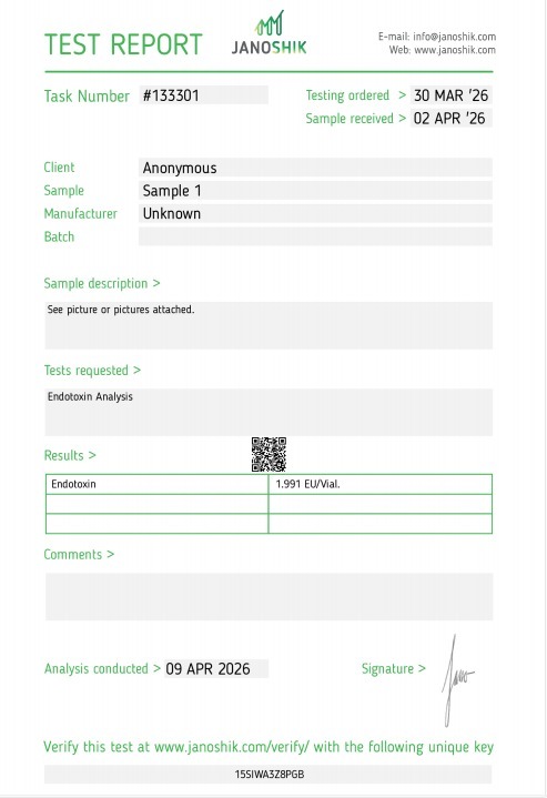 Janoshik Analytical Certificate of Analysis — Endotoxin Analysis (LAL), batch Safety Panel, task #133301