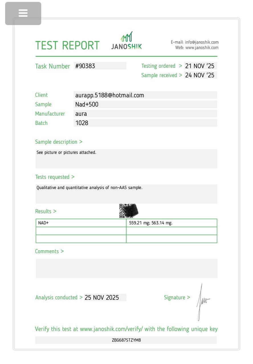 Janoshik Analytical Certificate of Analysis — NAD+ 500 mg, batch 1028, task #90383