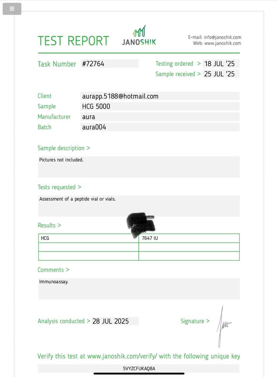 Janoshik Analytical Certificate of Analysis — HCG 5000 IU, batch aura004, task #72764