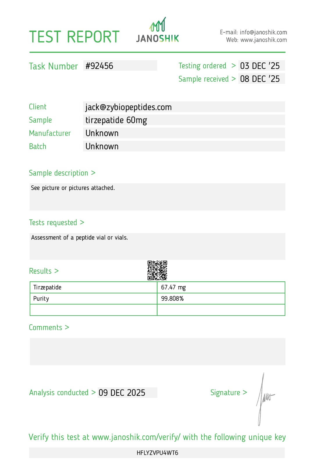 Janoshik Analytical Certificate of Analysis — Tirzepatide 60 mg, batch TIRZ-60-2025-12, task #92456