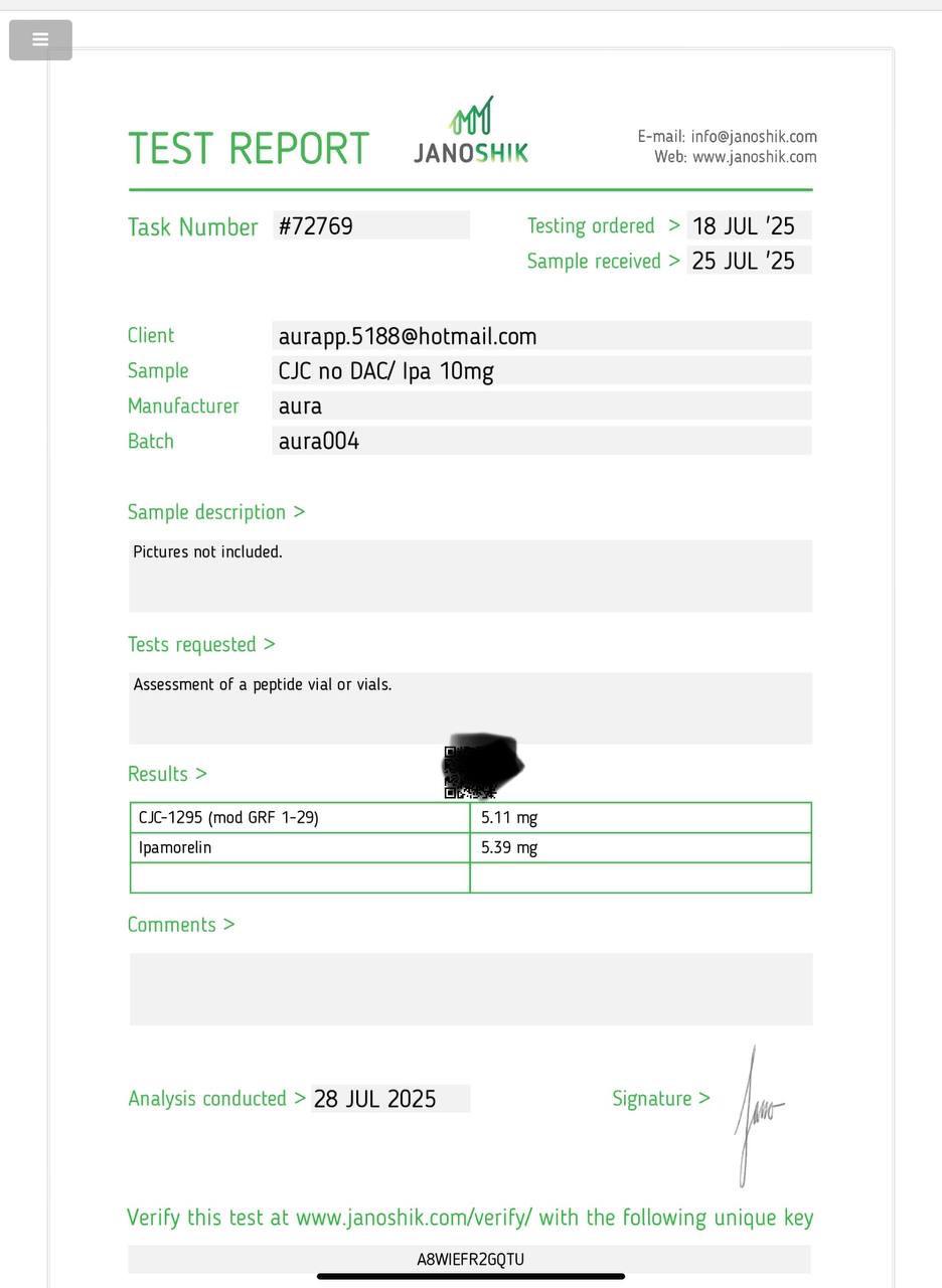 Janoshik Analytical Certificate of Analysis — CJC-1295 no DAC / Ipamorelin 10 mg Blend, batch aura004, task #72769