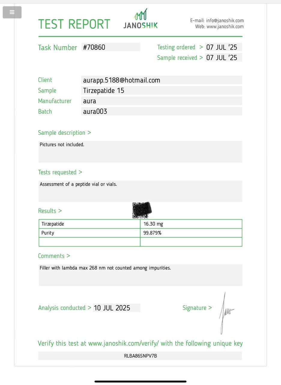 Janoshik Analytical Certificate of Analysis — Tirzepatide 15 mg, batch aura003, task #70860