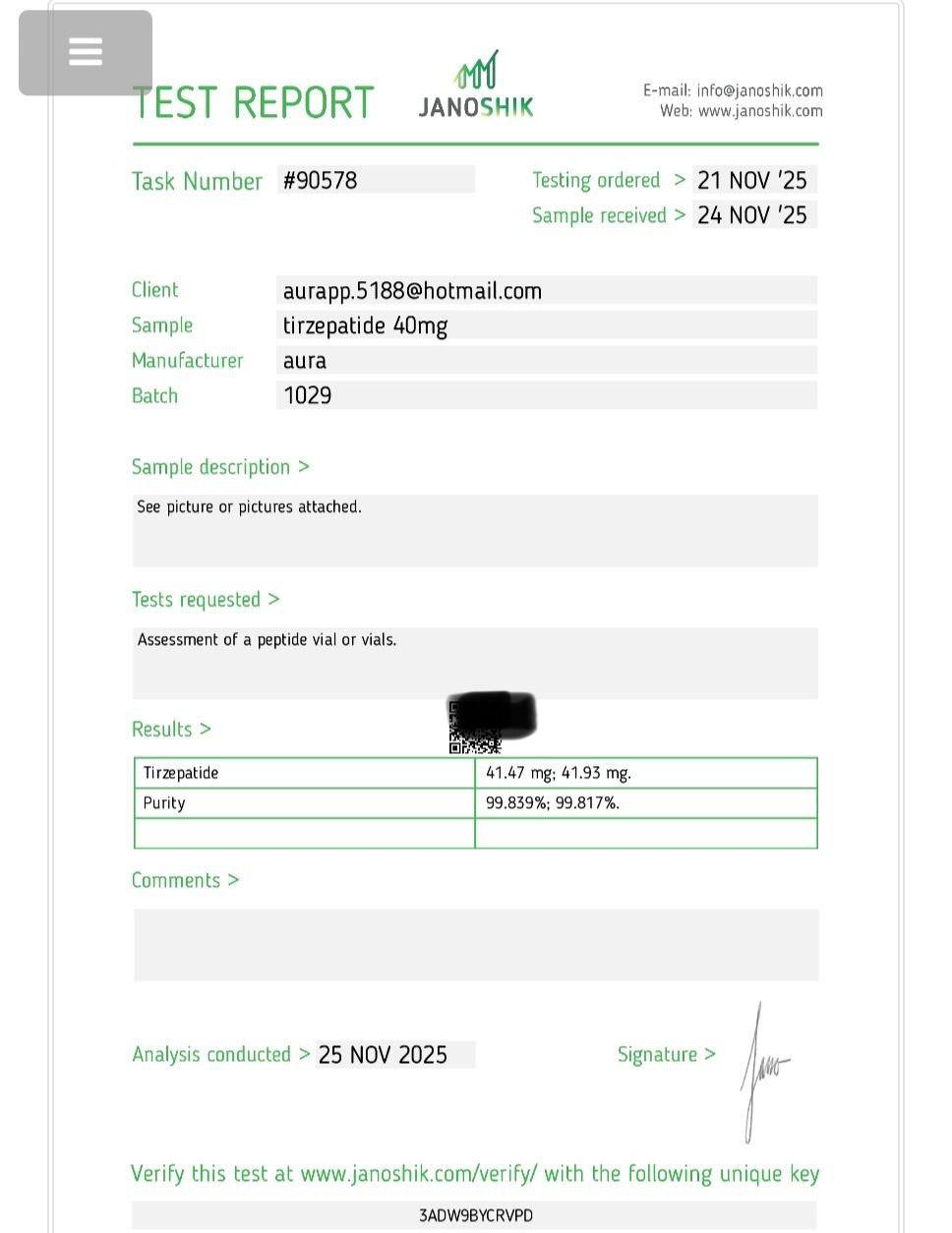 Janoshik Analytical Certificate of Analysis — Tirzepatide 40 mg, batch 1029, task #90578