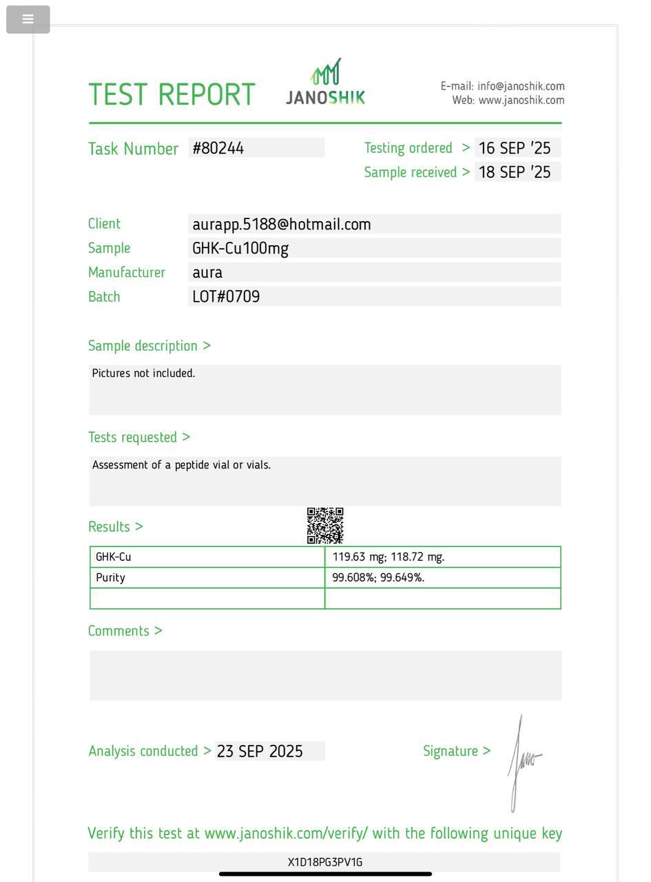 Janoshik Analytical Certificate of Analysis — GHK-Cu 100 mg, batch LOT#0709, task #80244