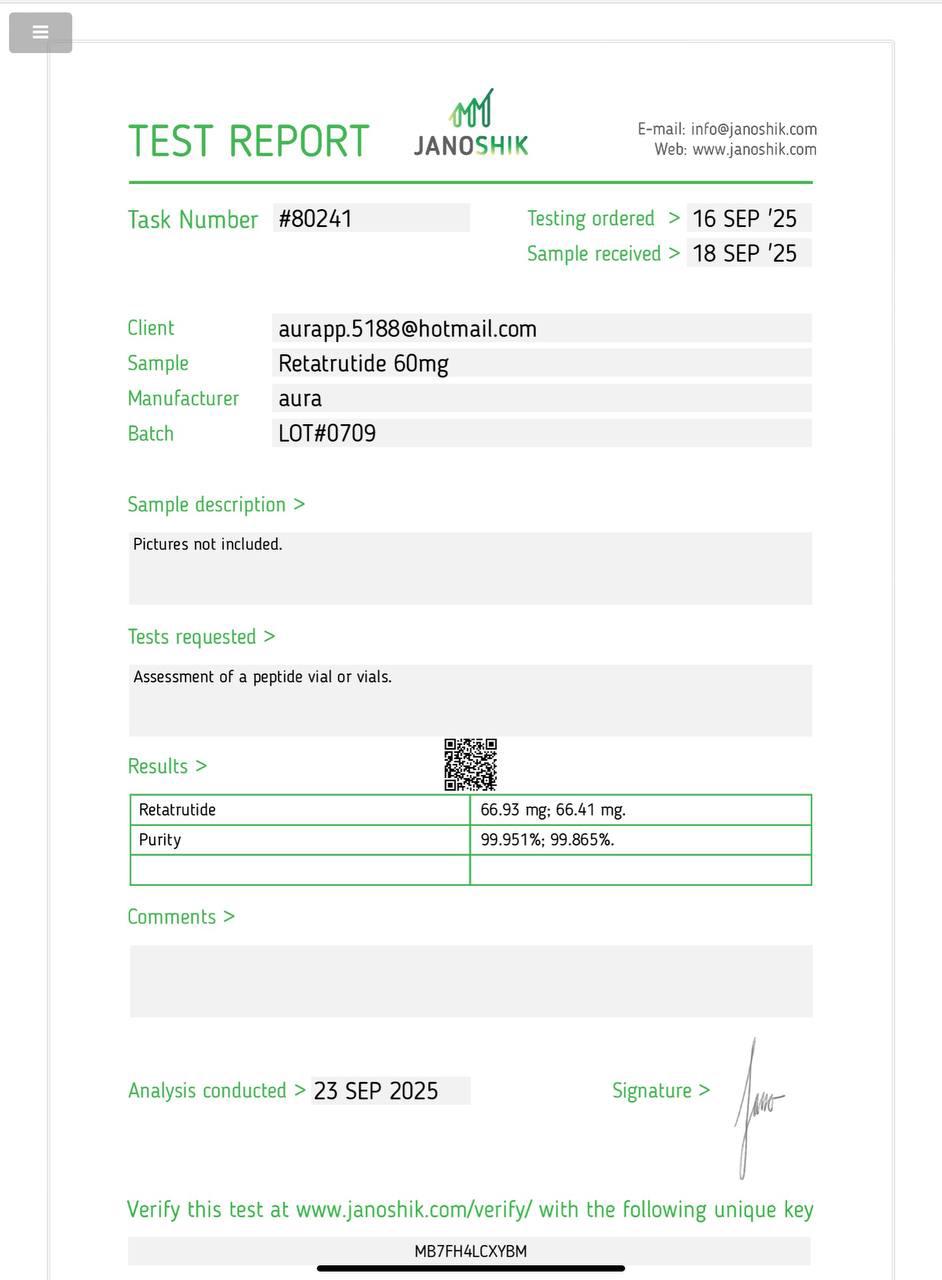 Janoshik Analytical Certificate of Analysis — Retatrutide 60 mg, batch LOT#0709, task #80241