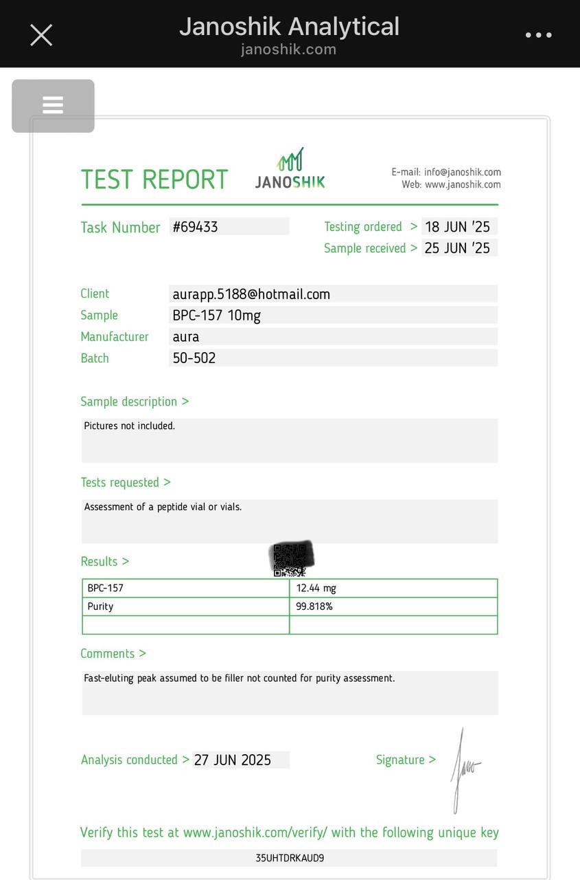 Janoshik Analytical Certificate of Analysis — BPC-157 10 mg, batch 50-502, task #69433
