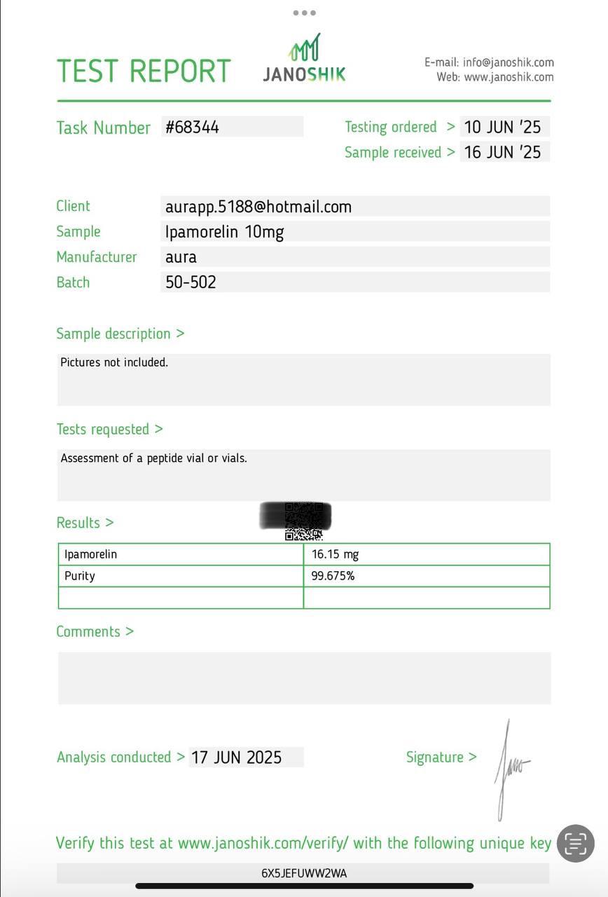 Janoshik Analytical Certificate of Analysis — Ipamorelin 10 mg, batch 50-502, task #68344