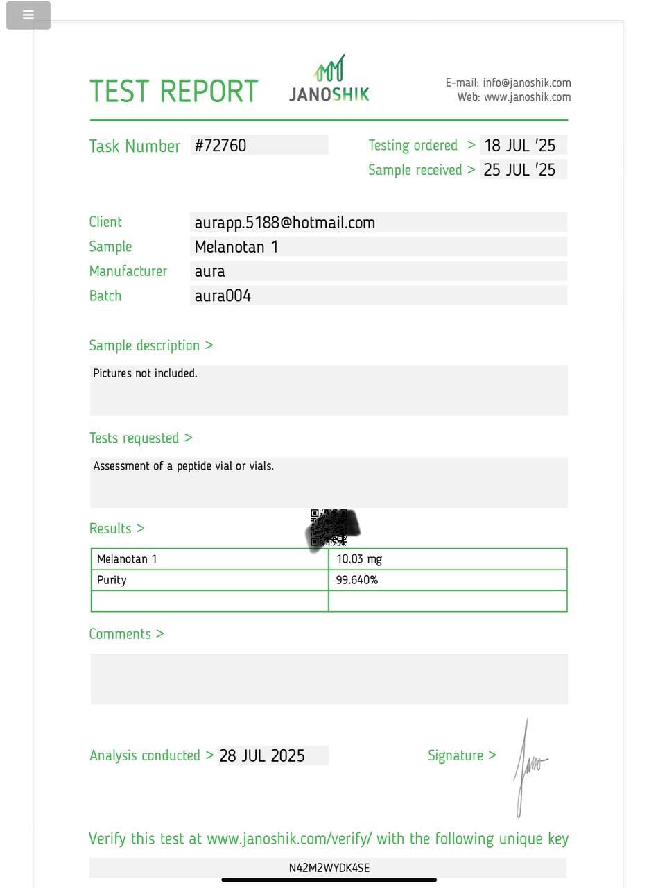 Janoshik Analytical Certificate of Analysis — Melanotan I 10 mg, batch aura004, task #72760