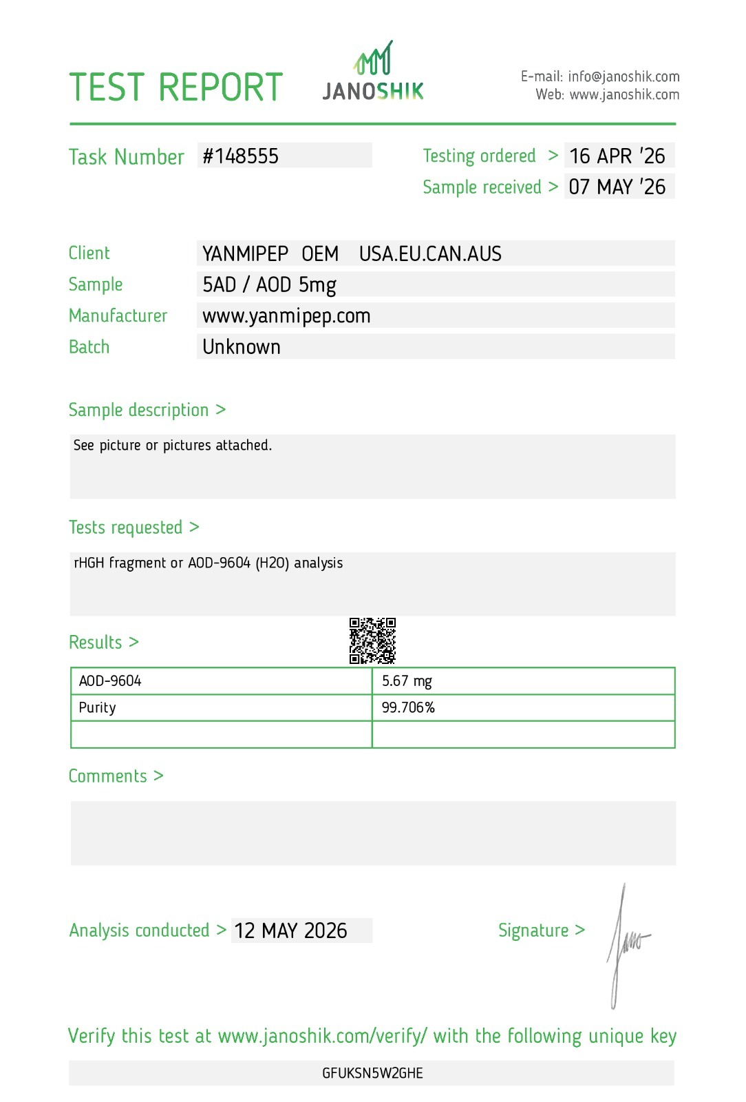 Janoshik Analytical Certificate of Analysis — AOD-9604 5 mg, batch Unknown, task #148555