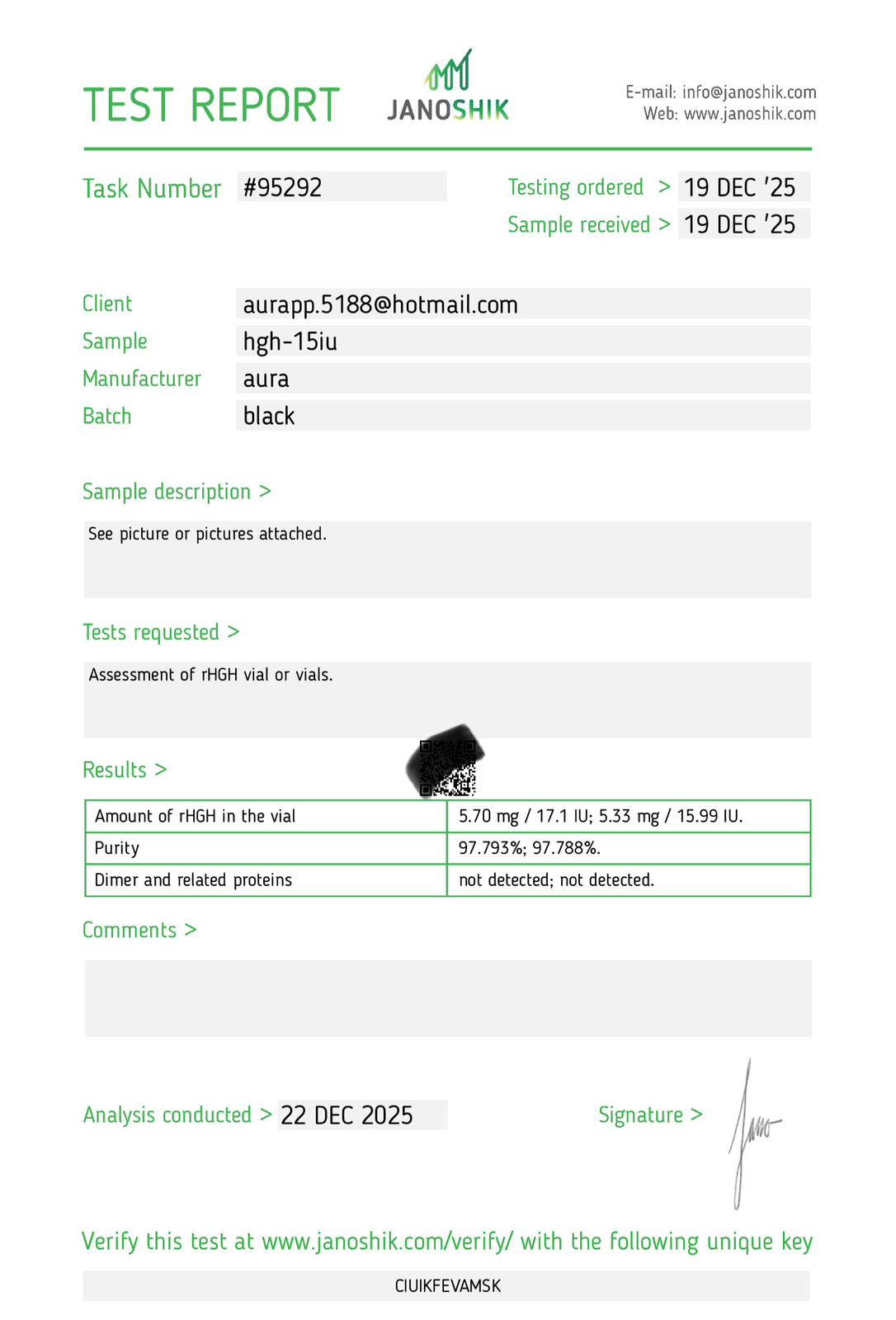 Janoshik Analytical Certificate of Analysis — HGH 15 IU (rHGH), batch black, task #95292