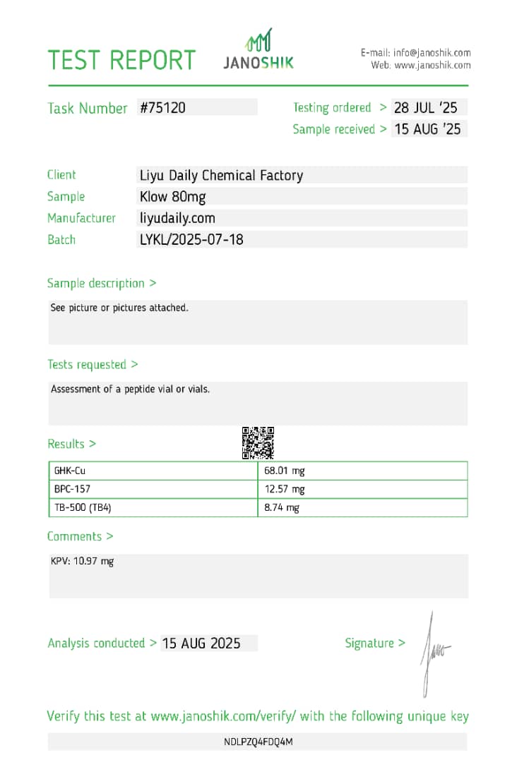Janoshik Analytical Certificate of Analysis — KLOW 80 Blend (TB-500 / BPC-157 / GHK-Cu / KPV), batch LYKL/2025-07-18, task #75120