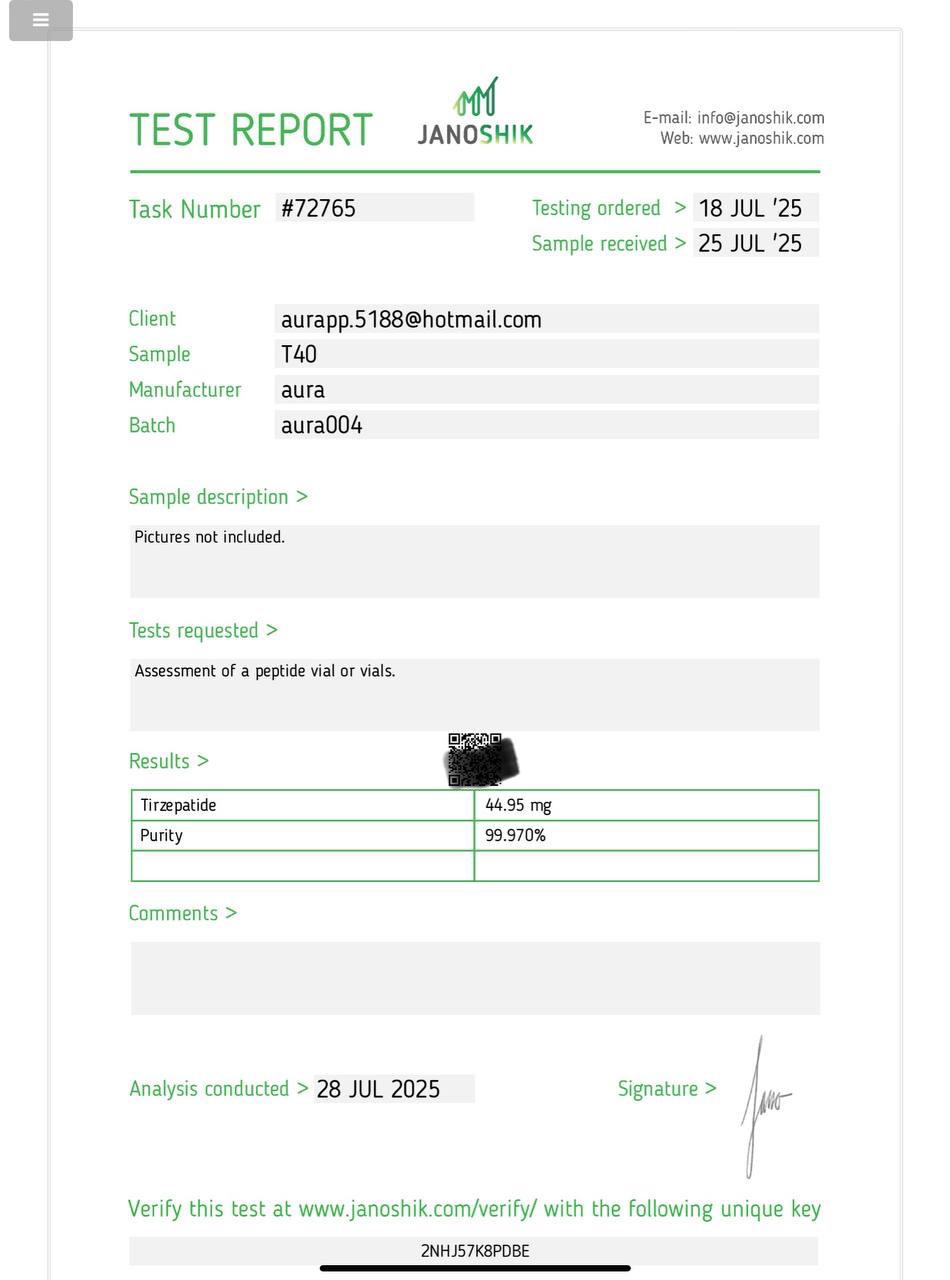 Janoshik Analytical Certificate of Analysis — Tirzepatide 40 mg (T40), batch aura004, task #72765