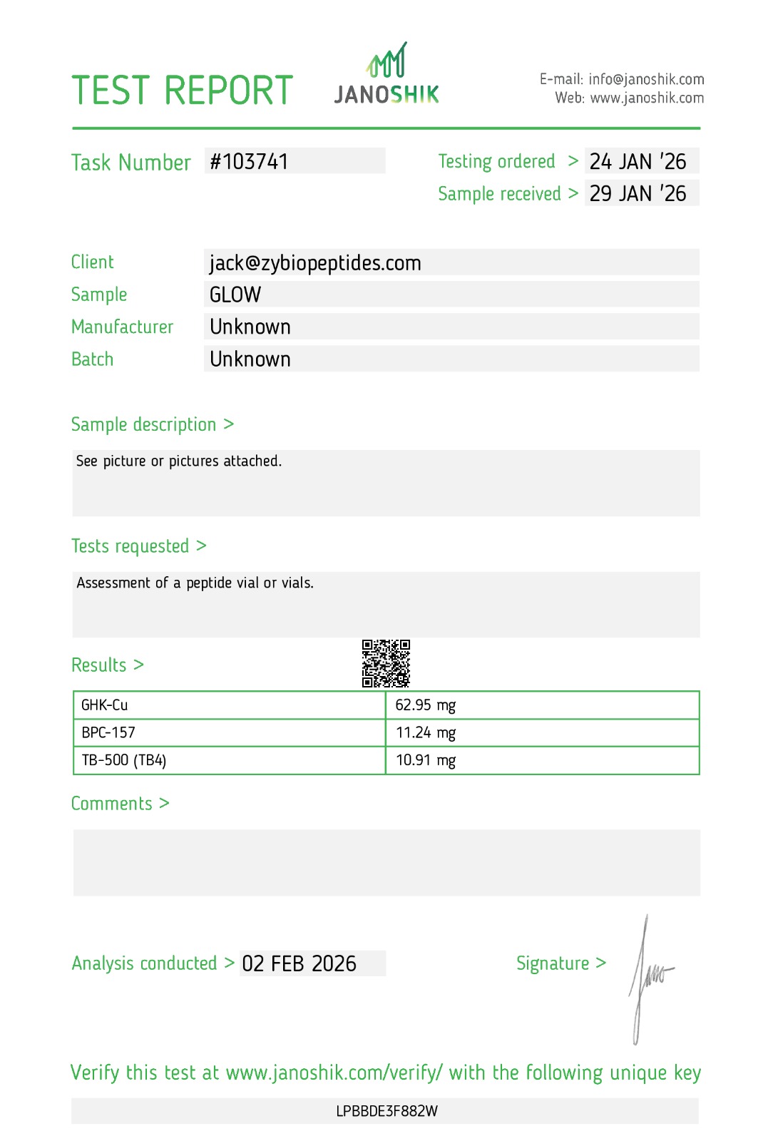 Janoshik Analytical Certificate of Analysis — Glow70 (TB-500 / BPC-157 / GHK-Cu) Blend, batch GLOW-2026-01, task #103741