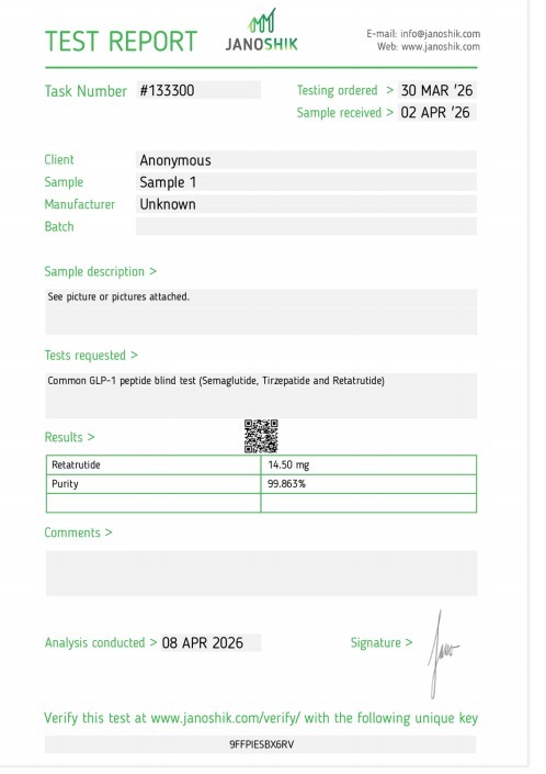 Janoshik Analytical Certificate of Analysis — Retatrutide (Blind Test), batch Blind GLP-1 Panel, task #133300