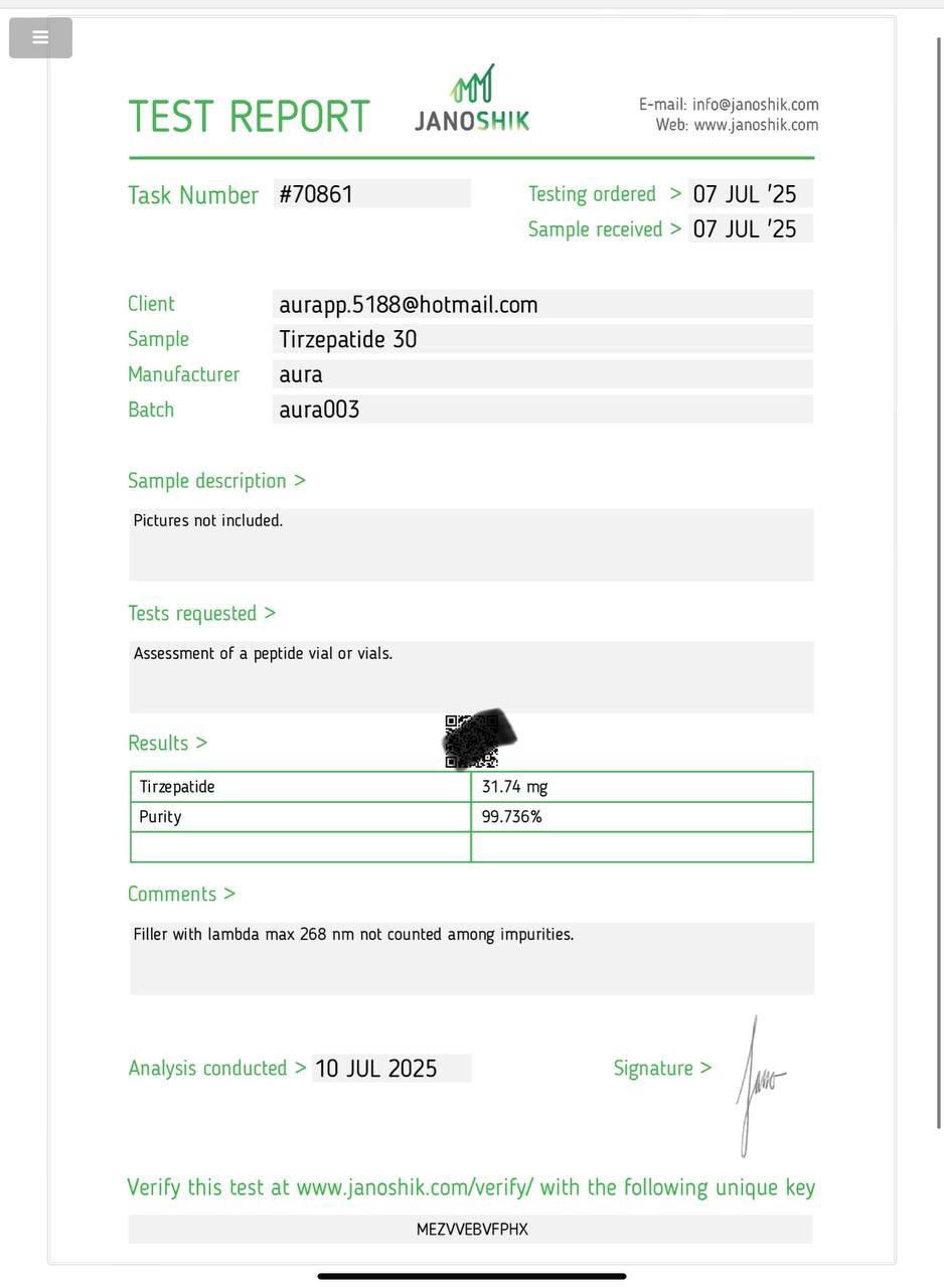 Janoshik Analytical Certificate of Analysis — Tirzepatide 30 mg, batch aura003, task #70861