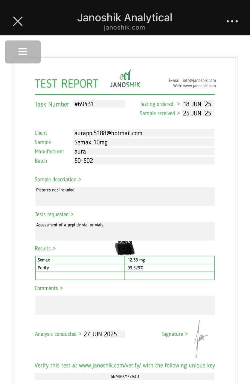 Janoshik Analytical Certificate of Analysis — Semax 10 mg, batch 50-502, task #69431