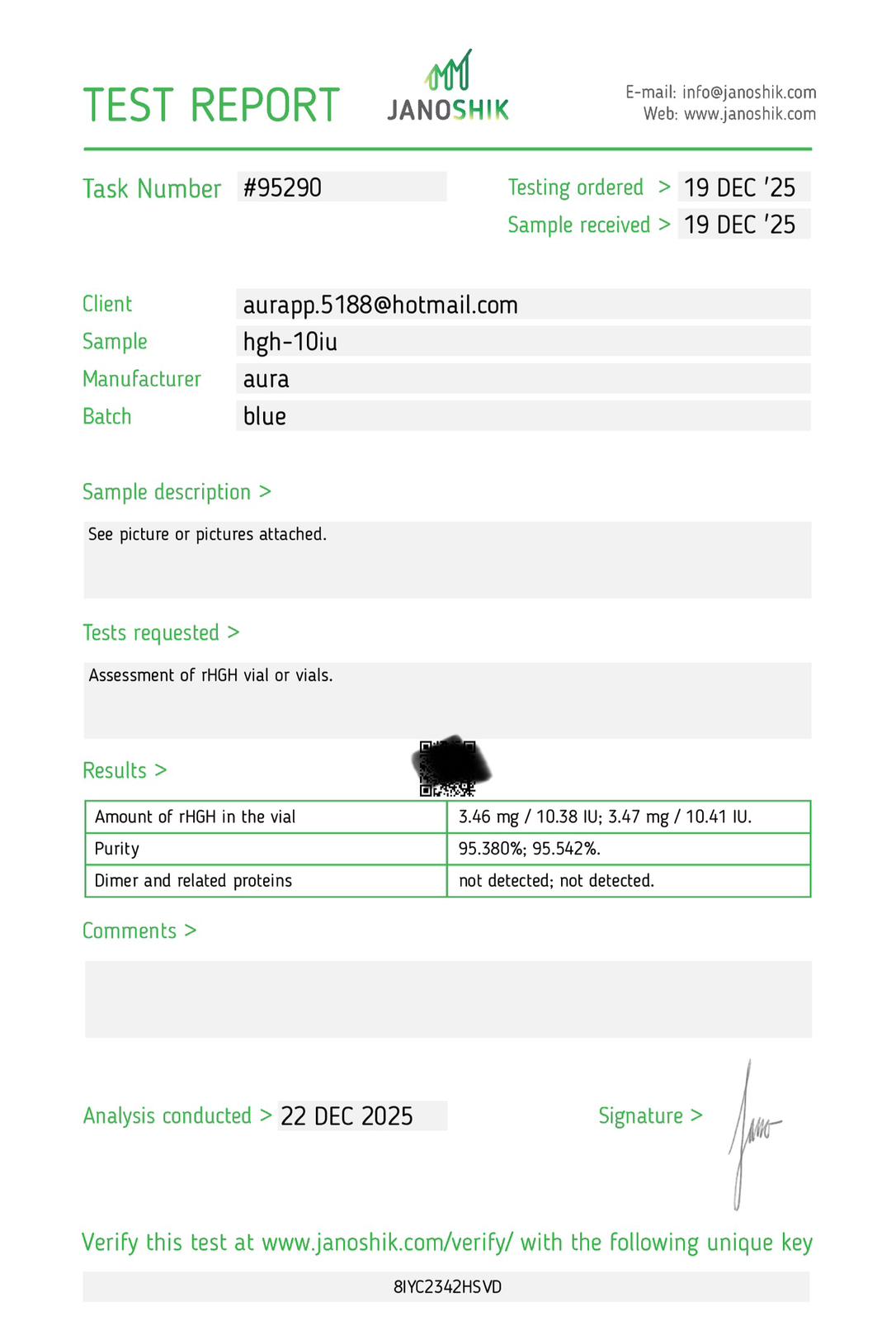 Janoshik Analytical Certificate of Analysis — HGH 10 IU (rHGH), batch blue, task #95290