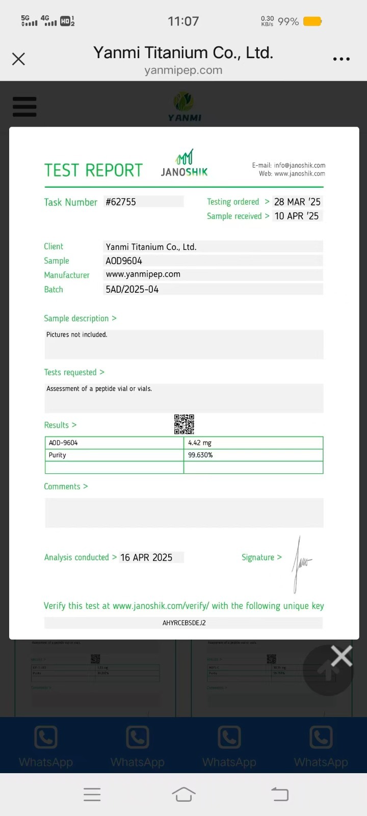 Janoshik Analytical Certificate of Analysis — AOD-9604 5 mg, batch 5AD/2025-04, task #62755