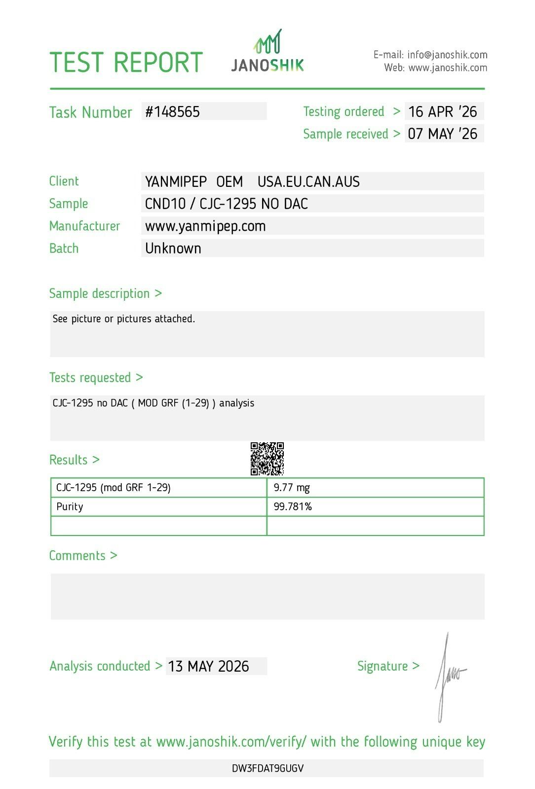 Janoshik Analytical Certificate of Analysis — CJC-1295 no DAC 10 mg, batch Unknown, task #148565