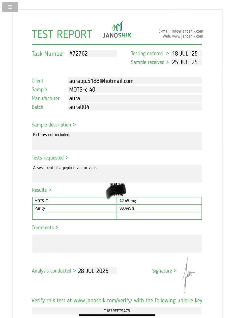 Janoshik Analytical Certificate of Analysis — MOTS-c 40 mg, batch aura004, task #72762