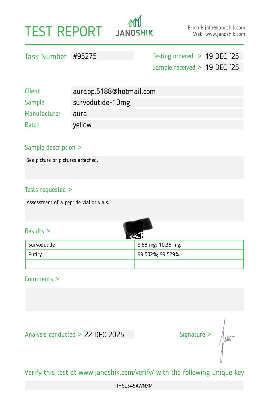 Janoshik Analytical Certificate of Analysis — Survodutide 10 mg, batch yellow, task #95275