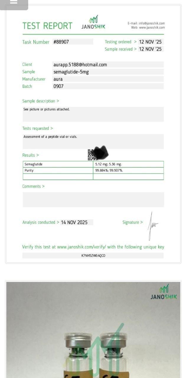 Janoshik Analytical Certificate of Analysis — Semaglutide 5 mg, batch 0907, task #88907